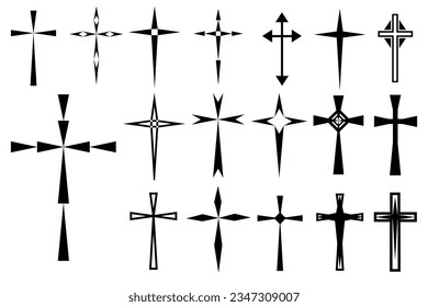 Decorative crucifix religion catholic symbol, Christian crosses. orthodox faith church cross icons design, isolated flat set. vector illustration.