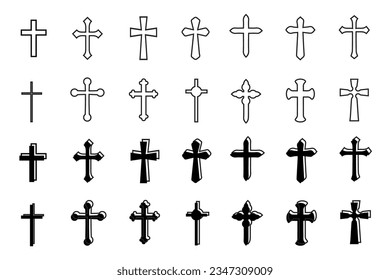 Símbolo católico de la religión crucifijo decorativa, cruces cristianas. diseño de iconos de cruces de iglesia ortodoxo, conjunto plano aislado. ilustración vectorial.