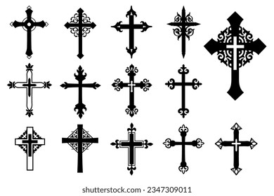 Decorative crucifix religion catholic symbol, Christian crosses. orthodox faith church cross icons design, isolated flat set. vector illustration.