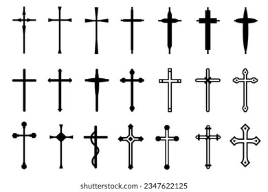 Decorative crucifix religion catholic symbol, Christian crosses. orthodox faith church cross icons design, isolated flat set. vector illustration.