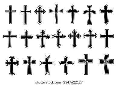 Decorative crucifix religion catholic symbol, Christian crosses. orthodox faith church cross icons design, isolated flat set. vector illustration.