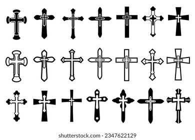 Decorative crucifix religion catholic symbol, Christian crosses. orthodox faith church cross icons design, isolated flat set. vector illustration.