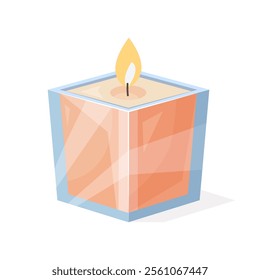 Decorative cube shaped candle in a glass holder for home decor, holiday, birthday, Christmas designs. Vector illustration isolated on a white background in flat style.