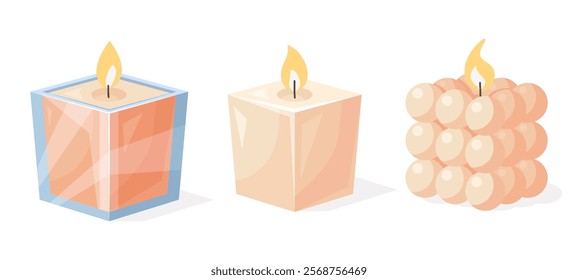 Decorative cube shaped candles for home decor, holiday, birthday, Christmas designs. Vector illustration isolated on a white background in flat style.