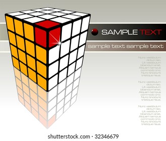 Decorative cube white, yellow and red on glossy surface - vector illustration