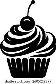A Decorative Cup Cake with Cherry Icon Vector Illustration on White Background.