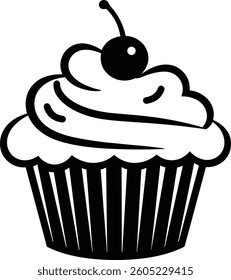A Decorative Cup Cake with Cherry Icon Vector Illustration on White Background.