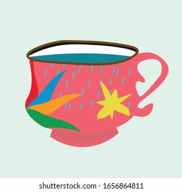 Diseño decorativo de la Copa para cafés, té, zumo, carteles, carteles, postales. Aislado en un fondo azul. Varios dibujos y patrones. Dibujo manual