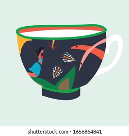 Diseño decorativo de la Copa para cafés, té, zumo, carteles, carteles, postales. Aislado en un fondo azul. Varios dibujos y patrones. Dibujo manual