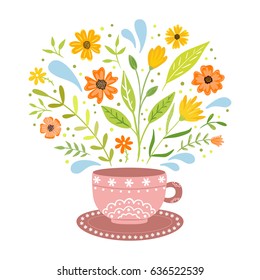 Decorative cup with fragrant herbal tea. Summer flowers and herbs with water droplets.