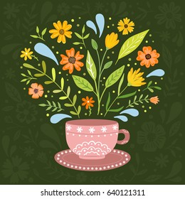 Decorative cup with herbal tea. Summer flowers and herbs with water droplets. Ornamental background.