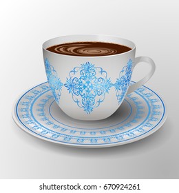 Decorative cup and saucer with coffee. Vector