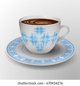 Decorative cup and saucer with coffee. Vector