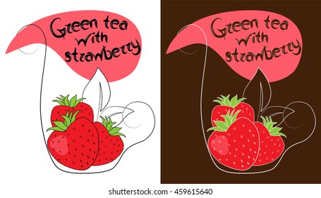 Decorative cup of tea with hand drawn strawberries. Vector illustration.