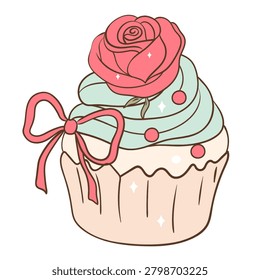 Decorative cupcake illustration featuring an elegant and charming rose topping