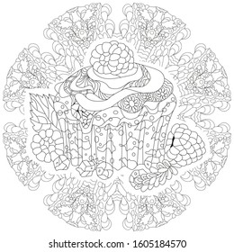 Decorative cupcake pattern on a patterned round substrate