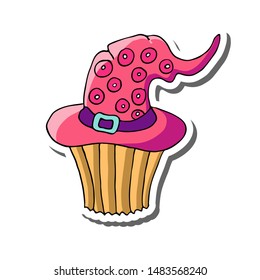Decorative cupcake with  witch hat for Halloween party. Isolated objects of colorful treats on a white background. Vector illustration Cartoon style. Pattern for icon, sticker, poster, postcard
