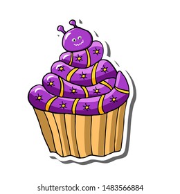 Decorative cupcake with a worm for Halloween party. Isolated objects of colorful treats on a white background. Vector illustration Cartoon style. Pattern for icon, sticker, poster, postcard