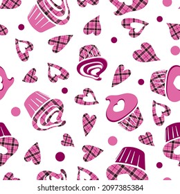 Decorative cupcakes and hearts with pink buffalo plaid background on seamless pattern.