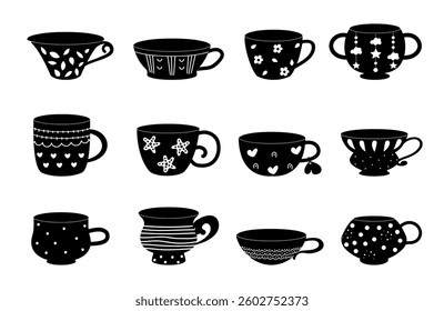 Decorative cups black icons. Isolated cup symbols with decorations. Teatime and coffee, vintage design crockery elements. Kitchen vector set