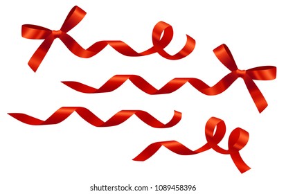 Decorative curled red ribbons and bows set. Design element. For banners, posters, leaflets and brochures.