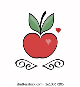 Decorative curls. Red apple with a heart. Decor elements can be used in design, for printing, emblems, packaging, fabrics.