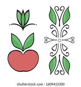 Decorative curls. Red apple, leaves, curls. A set of elements for decoration, printing, use in design, for composing frames, backgrounds.