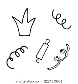 Decorative curls and swirls, crown andcandy. Hand drawn doodle illustration isolated on white