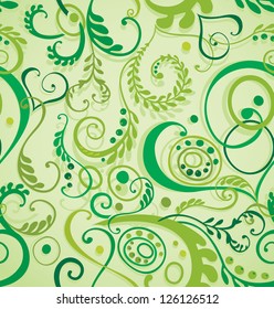 Decorative curly seamless floral background with leaves and grass