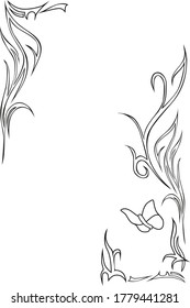 Decorative curve floral corner ornament with exotic leaves and butterfly for angular stencil isolated on white background