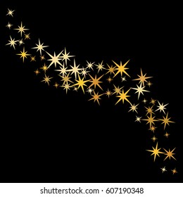 Decorative curve pattern on black with golden night sky objects. Cosmic abstract vector background with gold star confetti elements. Glitter confetti curl, shining sparkles design.