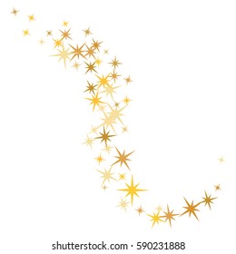 Decorative curve pattern on white with golden night sky objects. Cosmic abstract vector background with gold star confetti elements. Glitter confetti curl, magic shining sparkles design.