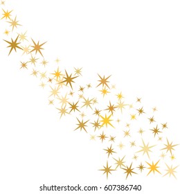 Decorative curve pattern on white with golden night sky objects. Cosmic abstract vector background with gold star elements. Glitter confetti, sparkles falling down design.