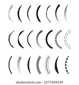 Decorative curve set. Abstract arc elements. Black curved shapes. Vector illustration.