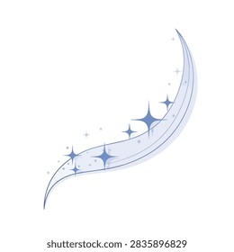 A decorative curved swoosh wave element adorned with glowing blue stars and sparkle accents on a clean background.