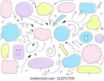 Decorative Curvy Infographic Arrows And Pointers. Speech Bubbles, Cute Colorful Arrows And Doodle Decorative Elements Collection. Vector Set. Pink, Blue, Yellow And Purple Colors.