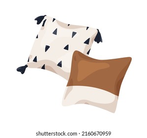 Decorative cushions for modern interior. Comfy soft pillows for bed, sofa. Cosy square pillowcases decorated with print, fringe. Home decor. Flat vector illustration isolated on white background