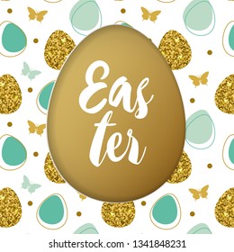 Decorative cut out of paper green Easter card with golden and green eggs on a white background. Vector illustration.