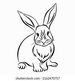 Decorative Cute Bunny Hand Drawn Vector Illustration Isolated On White Background. Rabbit Sits In Front. Black And White. Linear Drawing. Calligraphy Image. Symbol Of 2023