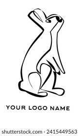 Dekorative, süße, handgezeichnete Vektorgrafik einzeln auf weißem Hintergrund. Das Kaninchen sitzt vor. Schwarz-Weiß. Lineare Zeichnung. Kalligrafisches Bild. Frohe Ostern-Grußkarte.