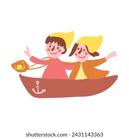 Decorative cute children in yellow cap sailing on boat, flat cartoon vector illustration people isolated on white, colorful symbol little tourist for travel design, kid map, trip card character