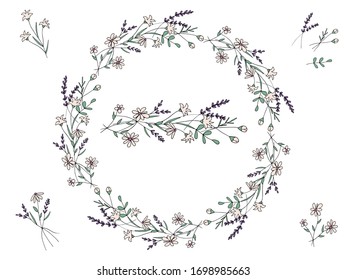 Dekorativer, süßer Kranz von einfachen Blumen und Pflanzen im Doodle-Stil. Lavendel. Provence.Kamille. Musterbürste. Elemente des Krandes. Einzige Objekte auf weißem Hintergrund.