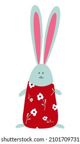Hermoso conejito de Pascua decorativo con un vestido de motivos florales. Clipart. Decoración aislada en un fondo blanco. Ilustración vectorial. 