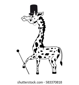 Decorative cute funny count giraffe with cylinder, tie, cane, glasses cartoon vector kids illustration isolated on white background suitable for logo, mascot, character design, baby card, zoo alphabet