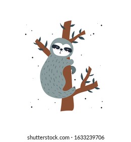Decorative cute illustration with sloth, poster design. Colorful background vector. Cartoon wallpaper. Hand drawn backdrop with animal