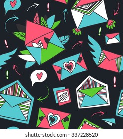 Decorative cute mail pattern. Seamless background with lovely drawn letters, envelopes