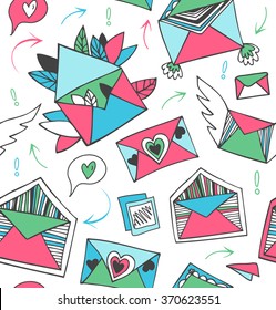 Decorative cute post mail pattern. Seamless background with lovely doodle letters, envelopes, wings and hearts