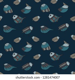 Decorative, cute, small birds vector illustration  in shades of blue and grey on dark blue background .