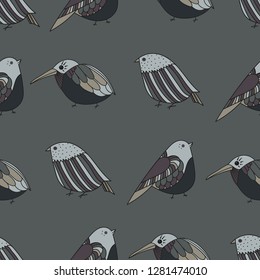 Decorative, cute, small birds vector illustration in the shades of gentile, neutral and natural pebble shades of greys, beige and plum colour.