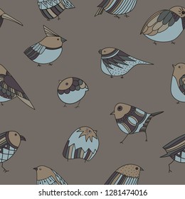 Decorative, cute, small birds vector illustration in the shades of gentile, neutral and natural pebble shades of greys, beige, plum and light blue colour.
